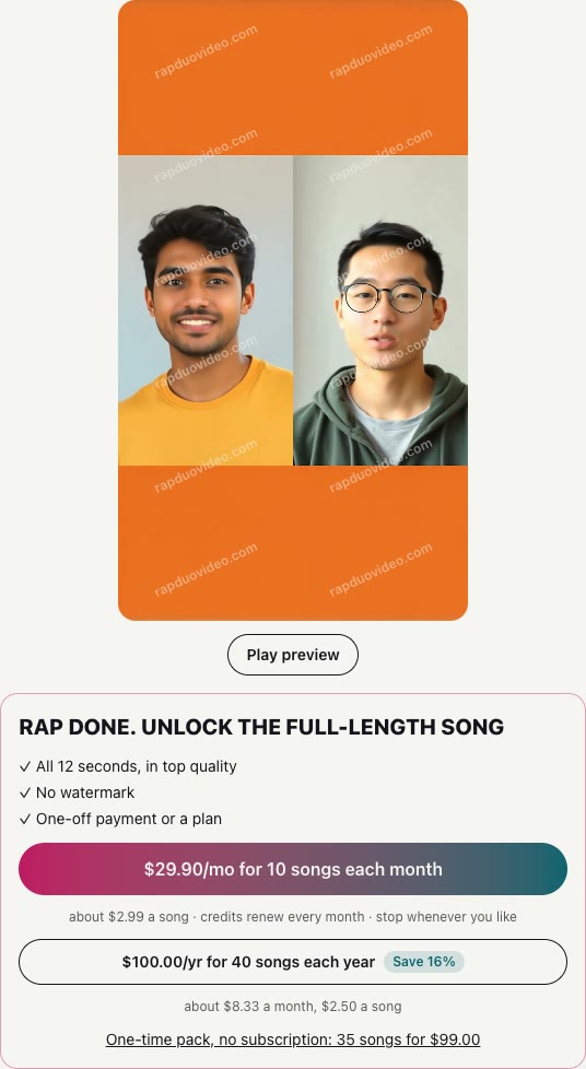The finished preview, a frame of our example clip of two AI-generated friends on the orange stage behind the watermark, above the unlock options