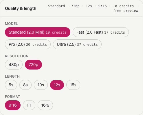 The length and credits panel, with a 12-second song selected at 10 credits