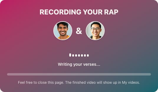 The rendering card: both photos joined by an ampersand, a status line and a progress bar