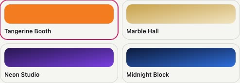 The four stages: Tangerine Booth (selected), Marble Hall, Neon Studio and Midnight Block